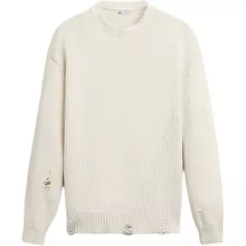Zara Solid Color Distressed Round Neck Long Sleeve Knit Sweater Men sweater White 3166401-712 S