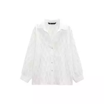 Zara Solid Color Frayed Jacquard Polo Collar Long Sleeve Shirt Women shirts White 03564166250-33 XS