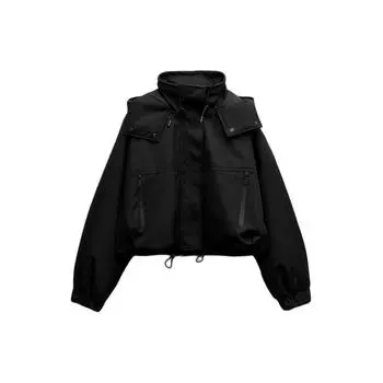 Zara Solid Color Hooded Long Sleeve Jacket Women jackets Black 6318024-800 XL