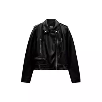 Zara Solid Color Lapel Faux Leather Motorcycle Casual Long Sleeve Jacket Women jackets Black 4341759-800 L