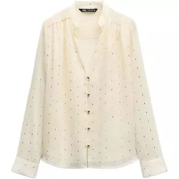 Zara Solid Color Metallic Foil Detail Mesh V-Neck Long Sleeve Shirt Women tops White 3897065-712 M