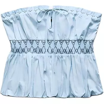 Zara Solid Color Off-Shoulder Pleated Strapless Top Women tops Sky-Blue 1971063-403 S