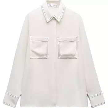 Zara Solid Color Piped Polo Neck Casual Long Sleeve Shirt Women shirts White 7484063-712 S