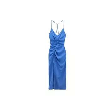 Zara Solid Color Pleated Decorative Blend Midi Slip Dress Women dresses Dark-Blue 07812575420-33 M