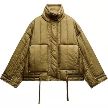 Zara Solid Color Pocket Decorated Stand Collar Long Sleeve Cotton Coat Women coats Green 0518060-500 S
