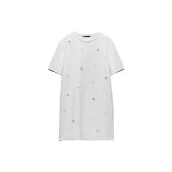 Zara Solid Color Round Neck Mid Waist Short Sleeve Dress Women dresses White 05070646250-33 L