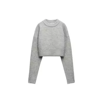Zara Solid Color Round Neck Short Sleeve Knit Sweater Women tops Medium-Gray 5536125-809 S