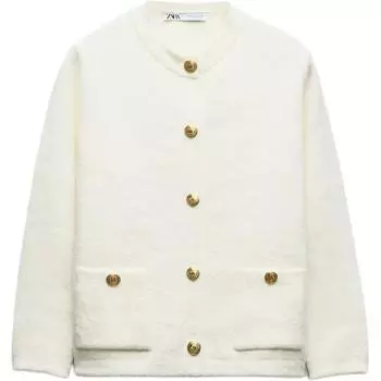 Zara Solid Color Round Neck Simple Knit Single Breasted Jacket Women jackets White 6427054-250 M