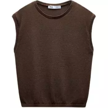 Zara Solid Color Round Neck Simple Knit Sleeveless Sweater Women tops Brown 6771114-717 S