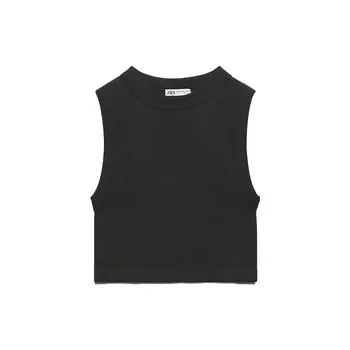 Zara Solid Color Round Neck Sleeveless T-Shirt Women T-Shirts Black 07901893800-33 S