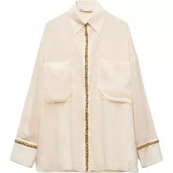 Zara Solid Color Sequin Polo Collar Versatile Long Sleeve Shirt Women shirts Pink 5107054-942 XS