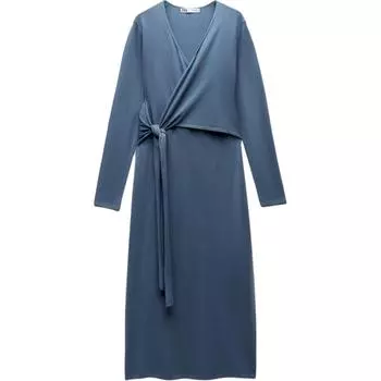 Zara Solid Color V-Neck Pullover A-Line Midi Long Sleeve Dress Women dresses Light-Blue 9598064-406 XL