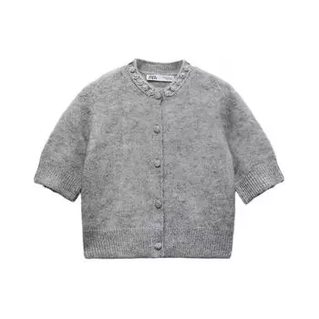Zara Solid Color V-Neck Single-Breasted Casual Short Sleeve Sweater Women sweater Gray 09598004802-36 L