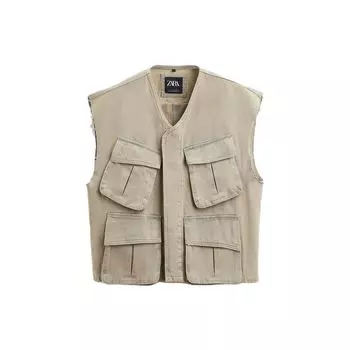 Zara Solid Color V-Neck Zipper Sleeveless Denim Vest Men vests Light-Khaki 01538305506-33 M