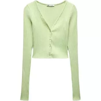 Zara Solid Color Vertical Stripe V-Neck Long Sleeve Knit Cardigan Women cardigans Green 0085831-506 S