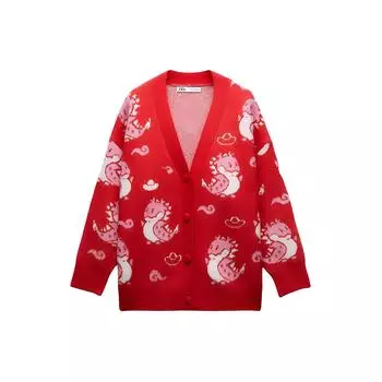 Zara Ss24 Год Дракона Ограниченная серия Мультяшный принт V-образный вырез однобортный кардиган длинный рукав трикотаж женские топы красный 09598008600-36 M