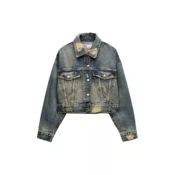 Zara Ss24 Год Дракона Ограниченный выпуск однобортный короткая джинсовая куртка с длинным рукавом женские куртки средне-синего цвета 06147096427-36 XS