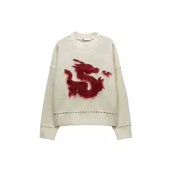 Zara SS24 Year Of The Dragon Limited Edition Printed Crew Neck Pullover Sweater Women sweater White 00021002712-36 XS