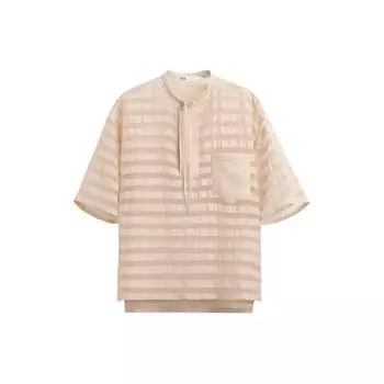 Zara Striped Jacquard Round Neck Short Sleeve Shirt Men shirts Pink 5717020-622 M