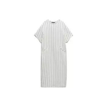 Zara Striped Loose Round Neck A-Line Pullover Casual Short Sleeve Dress Women dresses Brown 04770633105-33 L