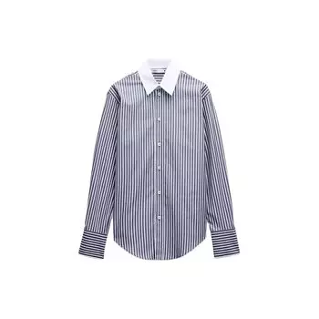 Zara Striped Polo Collar Versatile Long Sleeve Shirt Women shirts White 2651491-104 S