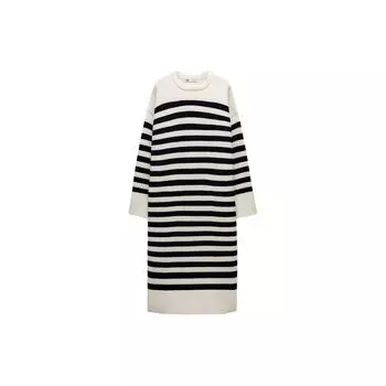 Zara Striped Round Neck A-Line Midi Long Sleeve Dress Women Dresses Black White 3519167-104 M