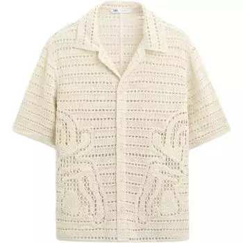 Zara Свободная рубашка с коротким рукавом и цветочным узором, вязанный крючком воротник, мужские рубашки цвета Off-White 7200331-251 L