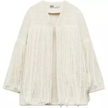 Zara Textured Fringe V-Neck Long Sleeve Jacket Women jackets Beige 4786303-712 L