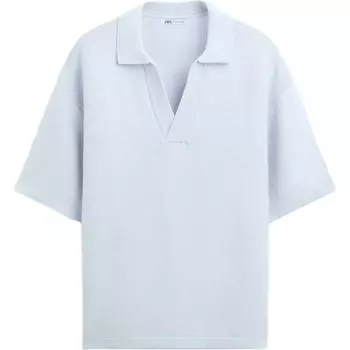 Zara Textured Knit Polo Shirt With Collar Men tops Light-Blue 1023303-406 M