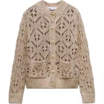 Zara Textured Mesh Solid Color Simple Long Sleeve Knit Top Women tops Dark-Beige 6771013-731 M