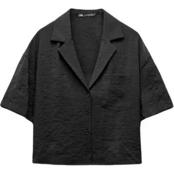 Zara TRF однотонная вертикальная короткая универсальная рубашка поло с коротким рукавом, женские рубашки черного цвета 7976261-800 XS