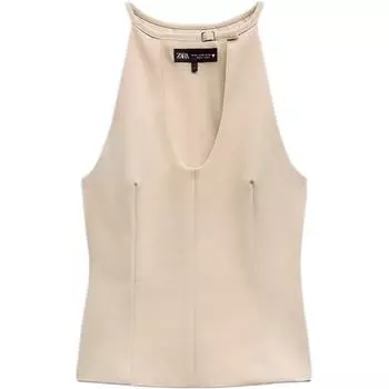 Zara TRF Однотонный эластичный топ без рукавов с V-образным вырезом, женские топы светло-верблюжьего цвета 3152036-743 XL