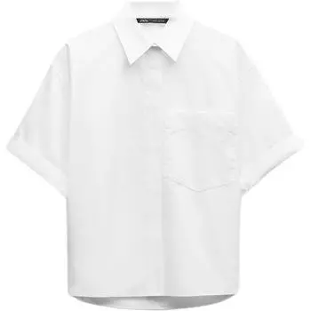 Zara TRF Solid Color Pocket Detail Satin Short Sleeve Shirt Women shirts White 2837200-250 S