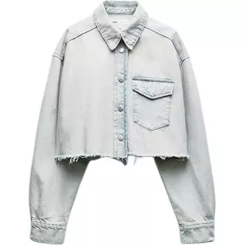 Zara TRF Solid Color Ripped Short Denim Jacket Women jackets Light-Blue 8197096-406 XL