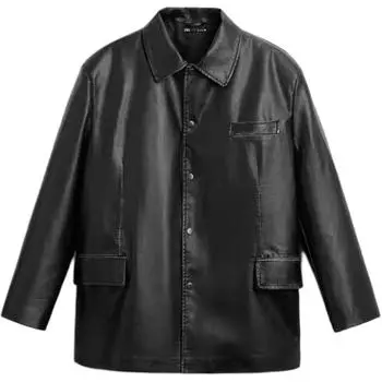 Zara Vintage Effect Faux Leather Long Sleeve Blazer Men blazers Black 5070312-700 L
