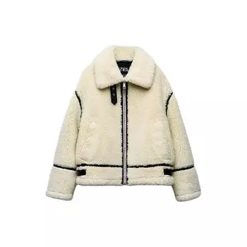 Zara Воротник сплайсированный минималистский повседневный флисовый жакет на молнии женские куртки белые 3548247-712 XL