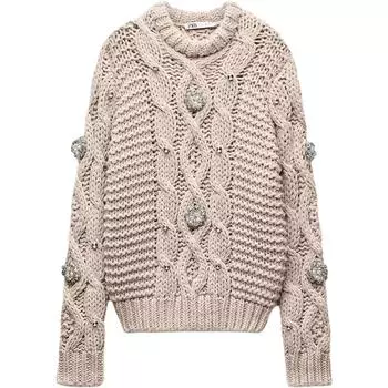 Zara Женский вязаный свитер с круглым вырезом, украшенный бисером и стразами, светло-серо-розовый 3920188-806 M