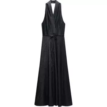 Zara Zw Series Холтер вырез спинки Длинный джинсовый платье-комбинация Женские платья Синий 05216241-35 M