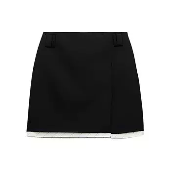 Zara Zw Series Patchwork Front Split High Waist Casual Skirt Women skirts Black 2538707-800 M