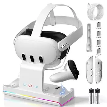 Зарядная база для Meta Quest 3 VR, беспроводная зарядная стойка с RGB-подсветкой, зарядная база, 2 перезаряжаемых аккумулятора для Oculus/Meat Quest 3 Package:23*10.5*13.7cm чёрный