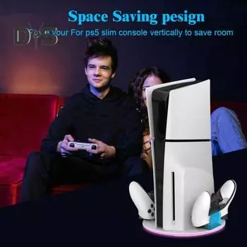 Зарядная база игрового контроллера с внешней подсветкой Магнитная зарядная база Зарядная станция с двумя контроллерами для PS5/тонкой консоли PS5 чёрный