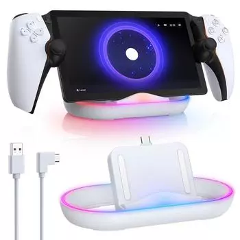 Зарядная док-станция для Playstation Portal, зарядная подставка для PS Portal с RGB-подсветкой и зарядным кабелем USB C белый