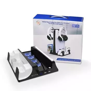 Зарядная док-станция для PS5/PS5 Slim Disc/Digital Edition с охлаждающей станцией, аксессуары для PS5/PS5 Slim с охлаждающим вентилятором и органайзером для хранения 23.5*27.3*6.5cm чёрный/белый