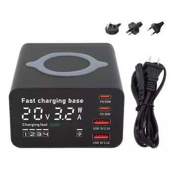Зарядная станция мощностью 110 Вт для нескольких устройств, цифровой дисплей, 4 порта, PD, 65 Вт, QC 3.0, магнитное беспроводное соединение F US Plug