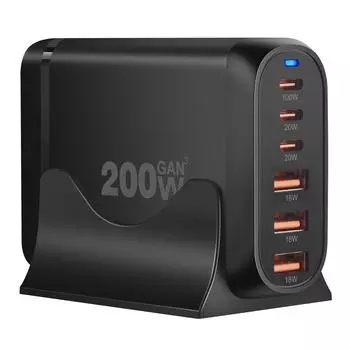 Зарядная станция с блоком быстрой зарядки USB C мощностью 200 Вт. 6 портов USB C для зарядки нескольких устройств. Эффективные адаптеры питания с подставкой. EU чёрный