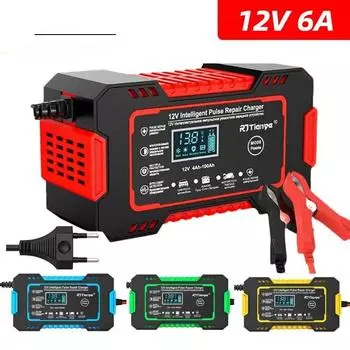 Зарядное устройство 12 В для автомобиля, мотоцикла, мотоцикла, полностью автоматическое многофункциональное 6А, импульсный ремонт, сенсорный переключатель, экран и ЖК-дисплей для влажной и сухой свинцово-кислотной среды