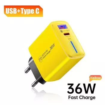 Зарядное устройство 36 Вт USB Type C для быстрой зарядки, настенный адаптер для быстрой зарядки телефона для iPhone, Samsung, Xiaomi, зарядное устройство USB PD для путешествий Yellow EU