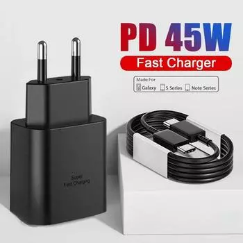 Зарядное устройство 45 Вт для Samsung Galaxy S20 S21 S24 S23 S22 Note 20 10 Plus A54 A73 A13 A14 Cargador USB Type C, зарядное устройство для быстрой зарядки, телефонный кабель 1M Cable Black