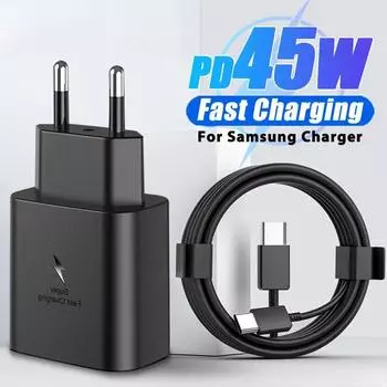 Зарядное устройство 45 Вт MAX Super Fast Charging PD для SAMSUNG Galaxy S20 S21 S22 S23Ultra SAMSUNG Galaxy Note20 10, быстрая зарядка телефона, кабель USB C, зарядное устройство типа C EU Black 2 IN 1