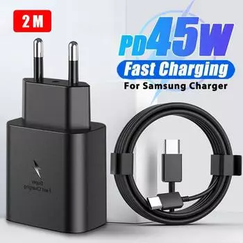 Зарядное устройство 45 Вт MAX Super Fast Charging PD для SAMSUNG Galaxy S20 S21 S22 S23 S24 SAMSUNG Galaxy Note20 10, быстрая зарядка телефона, кабель USB C, зарядное устройство типа C EU Black(2M) чёрный
